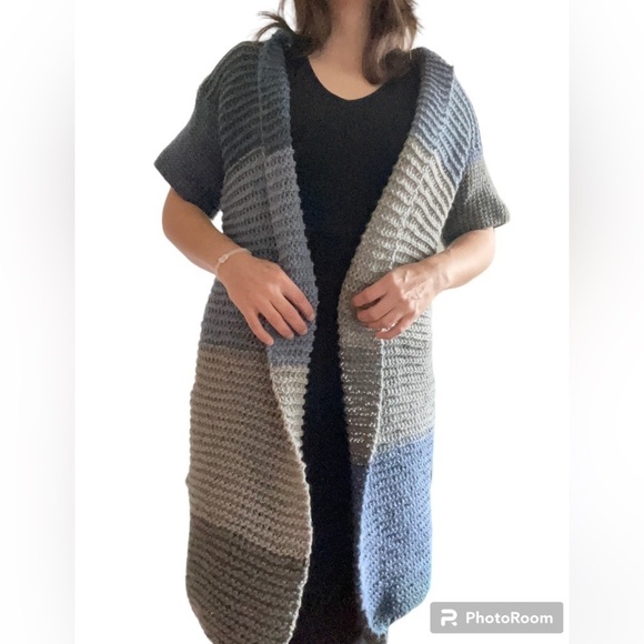 Handmade Long Open Front Cardigan Striped Duster - Picture 1 of 3